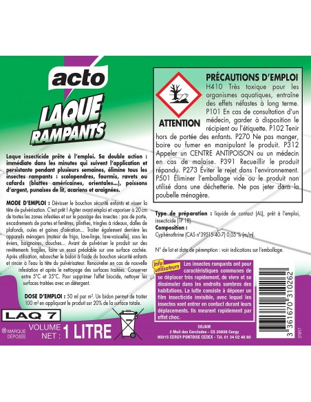Acto Pulvérisateur laque insecticide anti-rampants double action 1L