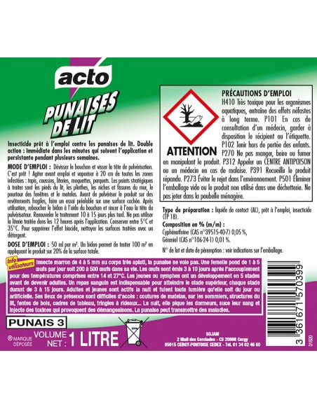 Acto Pulvérisateur spécial punaises de lit double action 1L